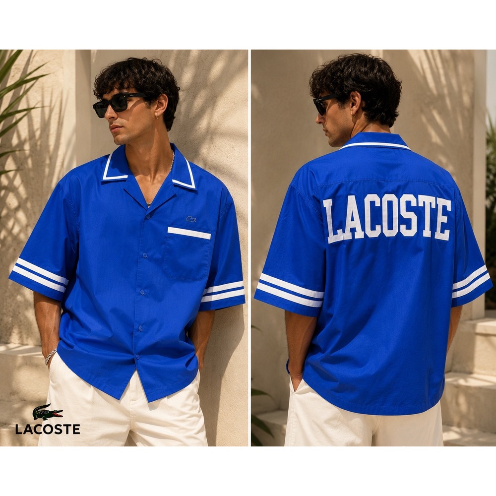 Lacoste Relaxed Fit Camp Collar Short Sleeve Shirt Blue White CH7225 Size M